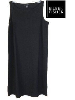 Eileen Fisher Black Midi Sleeveless Shift Betau Neck Dress Sz M